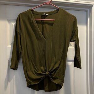 Lucky Brand Olive Long Sleeve Knot Top